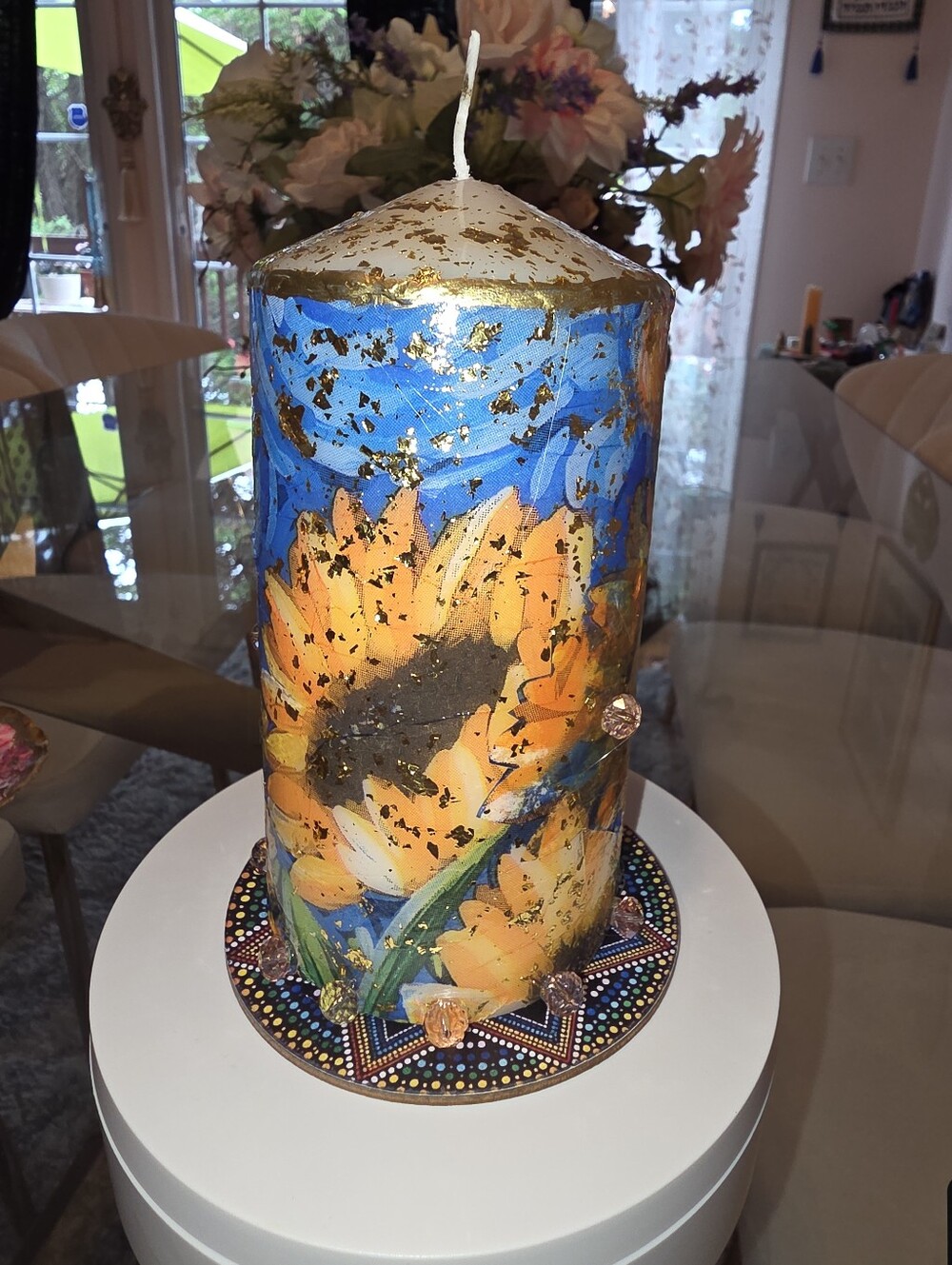 Hand-Painted  on decoupage Sunflower Decorative Pillar Candle - 60hrs